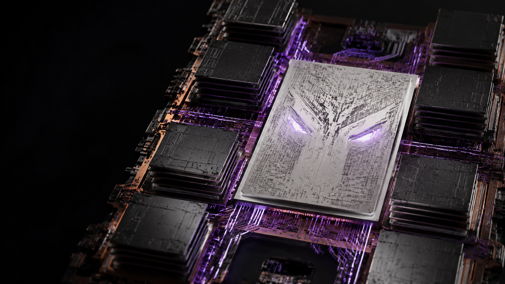 Sculptural silicon processor with stacked memory and ice-blue signal paths
